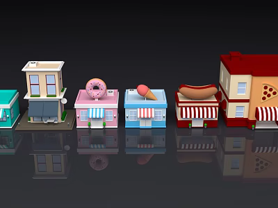 Cartoon Scenes Featuring Colorful Donut Ice Cream Hotdog Pizza Shop Storefront Models 3d model