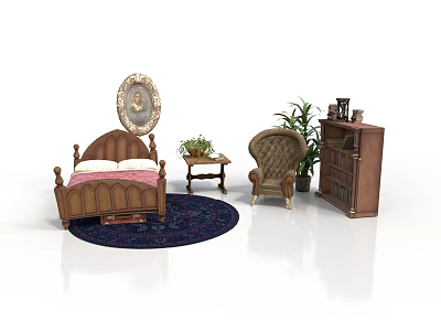 Traditional Bedroom Interior With Wooden Bed Armchair Round Painting Small Table Plant And Dark Rug 3d model
