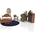 Traditional Bedroom Interior With Wooden Bed Armchair Round Painting Small Table Plant And Dark Rug