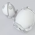 White And Yellow Diving Helmets With Circular Windows Knobs On Dark Glossy Surface 3d model