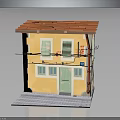 Small Yellow Building Model With Red Roof Green Door And Windows