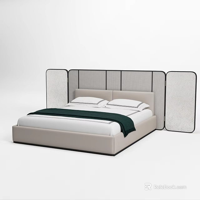 Modern Double Bed With Paneled Headboard Beige Frame White Sheets And Dark Blanket 3d model