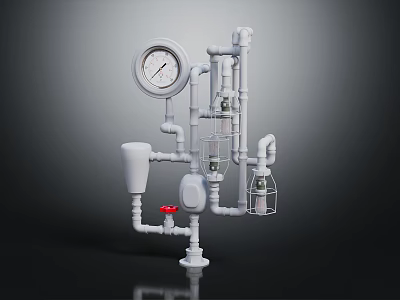 Mechanical Pipeline System With Pressure Gauge Red Valve Metal Cage And Various Connections 3d model