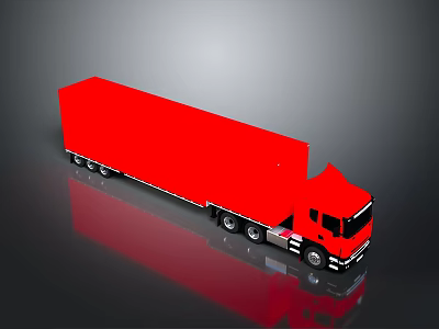 Red Semi Truck with Long Trailer and Reflective Surface on Dark Background 3d model