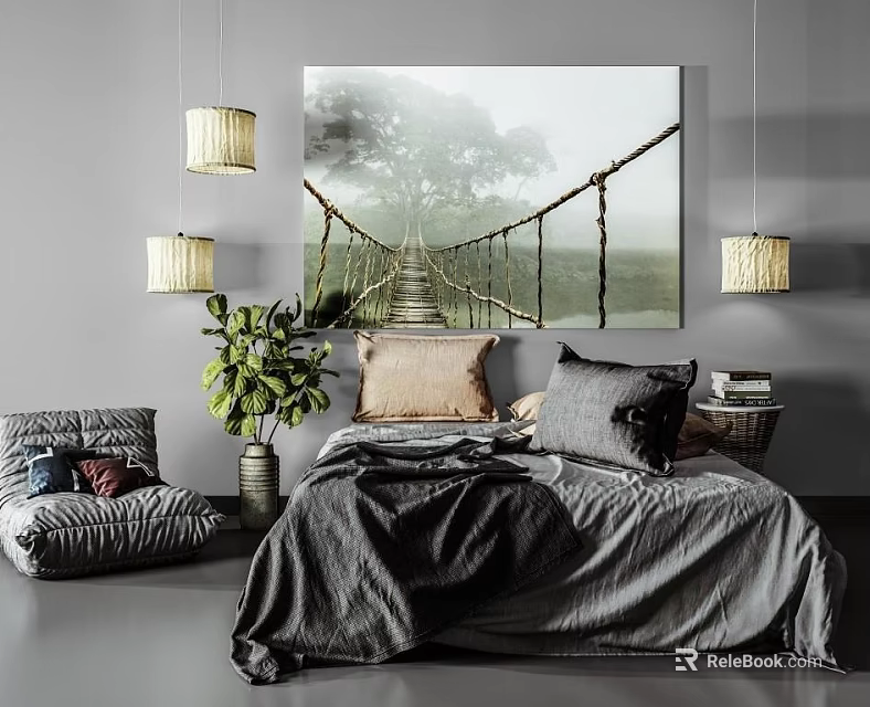 Double Bed Setup With Gray Bedspread Pillows Bridge Painting Pendant Lights And Green Plant 3d model 