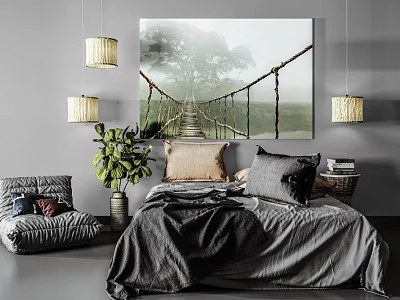 Double Bed Setup With Gray Bedspread Pillows Bridge Painting Pendant Lights And Green Plant 3d model