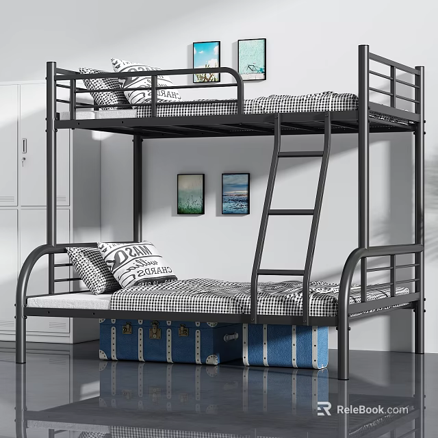 Metal Frame Bunk Bed With Upper Lower Mattresses Pillows Blue Storage Suitcases And Wall Art 3d model 