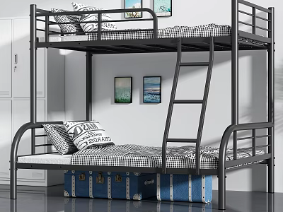 Metal Frame Bunk Bed With Upper Lower Mattresses Pillows Blue Storage Suitcases And Wall Art 3d model