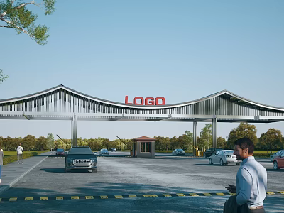 Curved Metal Entrance Gate Design with Red LOGO Cars and Green Trees Around 3d model