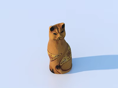 Carved Brown Cat Sculpture With Intricate Patterns On Light Blue Background 3d model