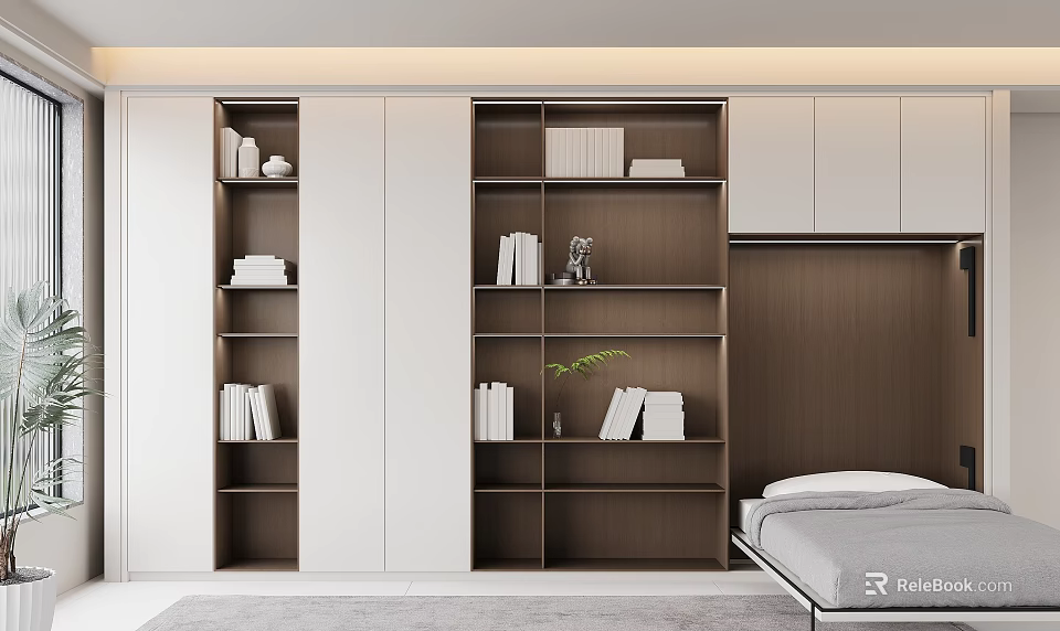 Modern Bedroom Bookcase Design With Open Shelves Books Decor And Green Plant 3d model 