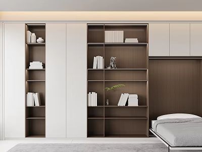 Modern Bedroom Bookcase Design With Open Shelves Books Decor And Green Plant 3d model