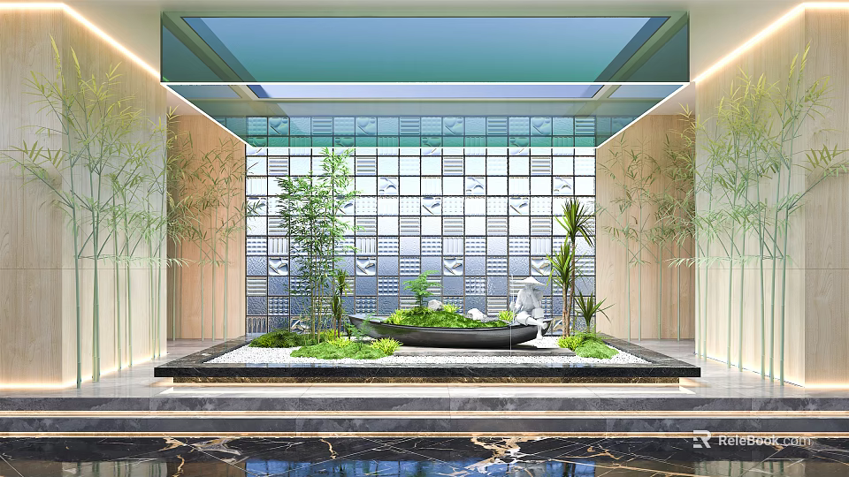 Modern Courtyard Garden Ornament With Green Plants Stone Basin And Water Feature 3d model 