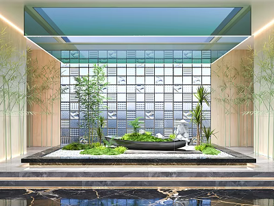 Modern Courtyard Garden Ornament With Green Plants Stone Basin And Water Feature 3d model