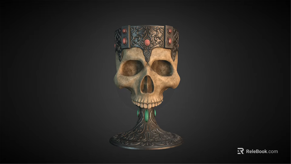 Decorative Skull Shaped Wine Glass With Ornate Carved Base And Red Gemstone Details 3d model 