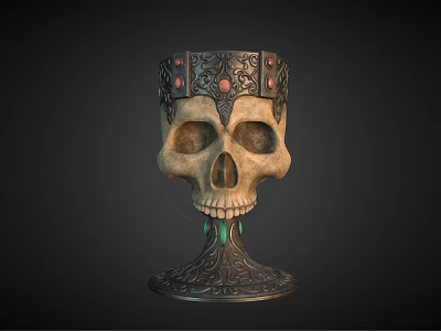 Decorative Skull Shaped Wine Glass With Ornate Carved Base And Red Gemstone Details 3d model