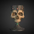 Decorative Skull Shaped Wine Glass With Ornate Carved Base And Red Gemstone Details