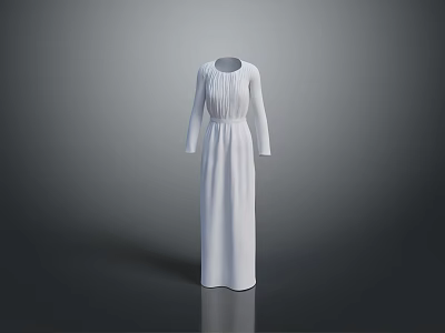White Long Sleeve Dress with Pleated Front and Gathered Waist for Elegant Formal Occasions 3d model