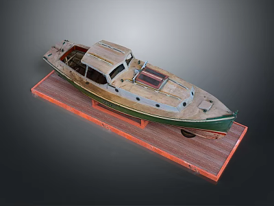 Detailed Vintage Wooden Model Boat With Green Hull And Classic Design On Display Stand 3d model