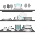 Stylish Blue And White Dinnerware Set With Stacked Plates Cups Bowls On Display Shelves