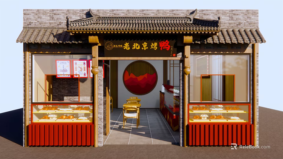 Traditional Beijing Roast Duck Restaurant With Chinese Style Entrance And Display Counters 3d model 