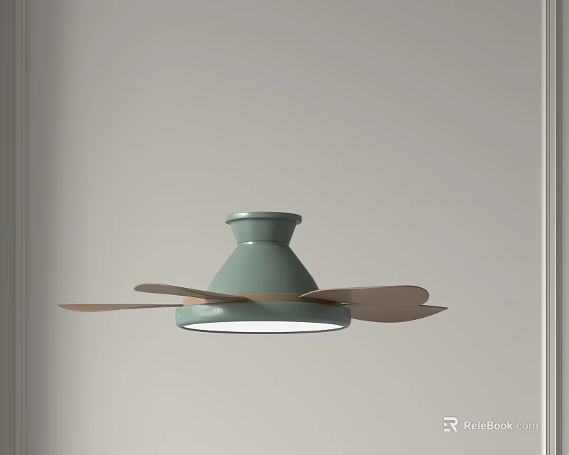 Modern Light Green Chandelier Design With Wooden Blades And Smooth Shade 3d model 