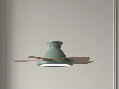 Modern Light Green Chandelier Design With Wooden Blades And Smooth Shade 3d model