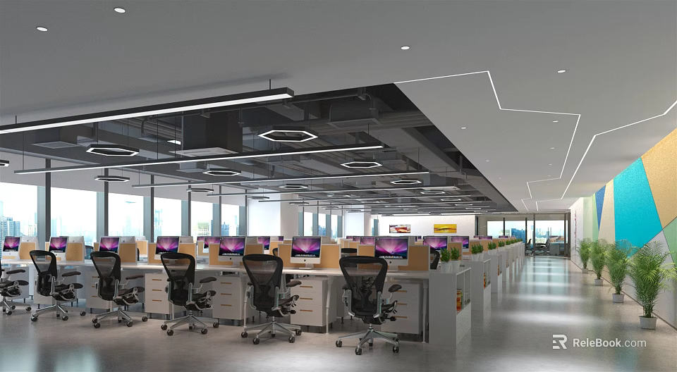 Spacious Public Office Space With Computers Office Desks And Bright Lighting 3d model