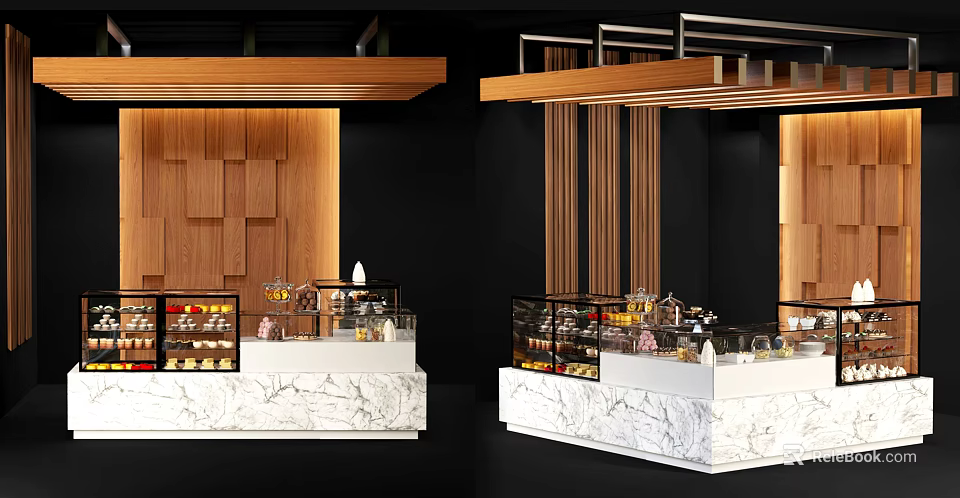 Elegant Reception Desk Designed With Marble Countertop Wooden Decorative Panels And Glass Display Cases 3d model 