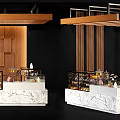 Elegant Reception Desk Designed With Marble Countertop Wooden Decorative Panels And Glass Display Cases