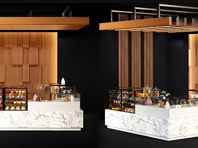 Elegant Reception Desk Designed With Marble Countertop Wooden Decorative Panels And Glass Display Cases 3d model