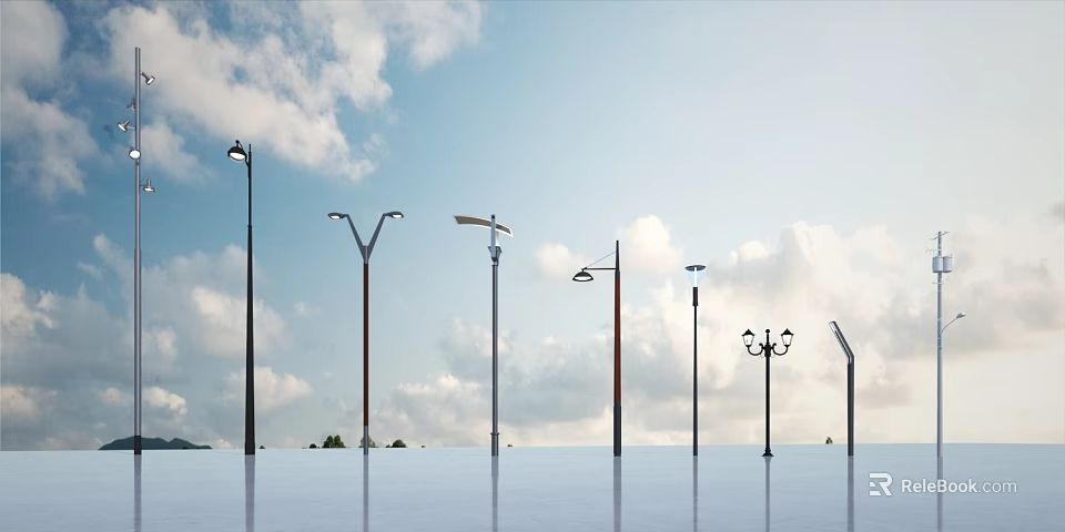 Various Designed Street Lights Standing On Open Ground With Blue Sky and White Clouds 3d model 