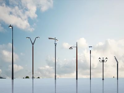 Various Designed Street Lights Standing On Open Ground With Blue Sky and White Clouds 3d model