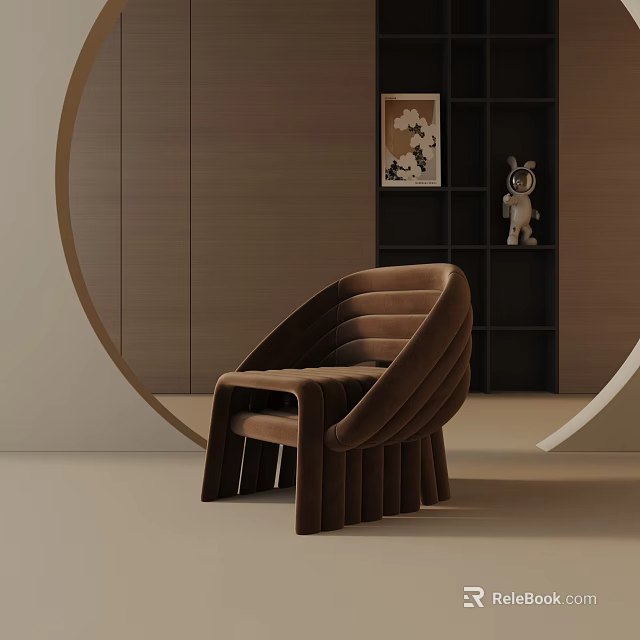 Modern Brown Leisure Chair In Room With Circular Wall Decor Wooden Wall And Black Bookshelf 3d model 