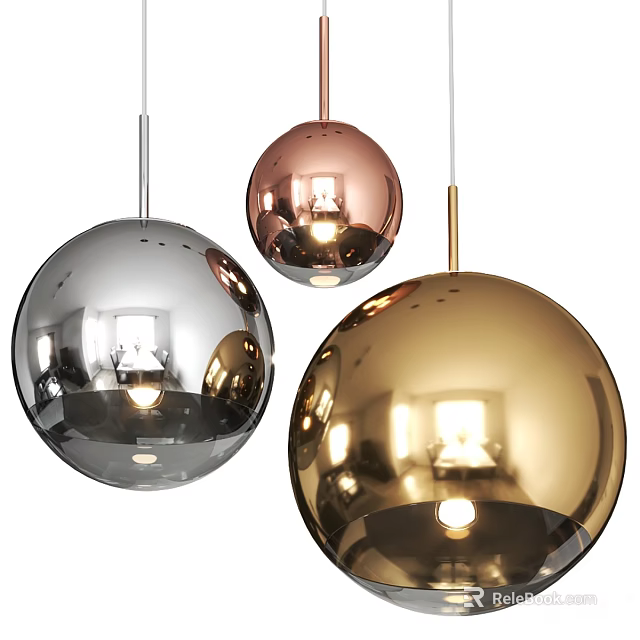 Illuminated Spherical Pendant Lights With Metallic Reflective Finish In Silver Rose Gold And Gold 3d model 