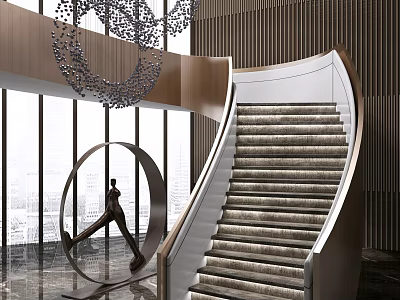 Curved Staircase With Carpeted Steps In Modern Interior Design City View Sculpture And Chandelier 3d model