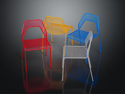 Colorful Modern Mesh Chairs in Red Yellow Blue White with Dark Background Reflection 3d model
