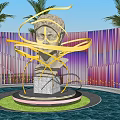 Golden Head Sculpture with Curved Decorations Marble Base Water Pool Palm Trees Purple Pink Backdrop