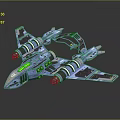 Blue Sci Fi Aircraft Model With Complex Structure And Green Details