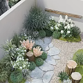 Serene Courtyard Garden With Stone Path Various Plants White Flowers And Gravel