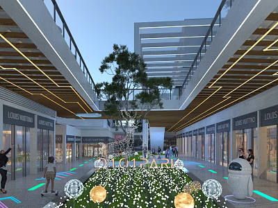 Modern Commercial Street Design Featuring Retail Shops Green Decorations And Pedestrian Walkway 3d model