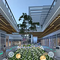 Modern Commercial Street Design Featuring Retail Shops Green Decorations And Pedestrian Walkway