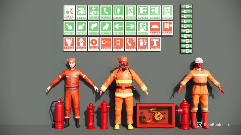 Essential Fire Safety Equipment Including Signs Suits Extinguishers Hydrants and Cabinets 3d model 