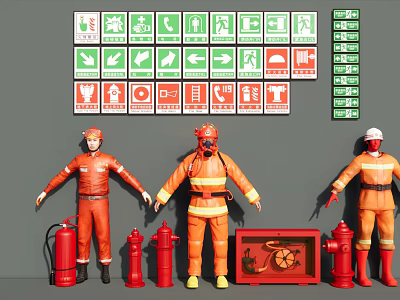 Essential Fire Safety Equipment Including Signs Suits Extinguishers Hydrants and Cabinets 3d model