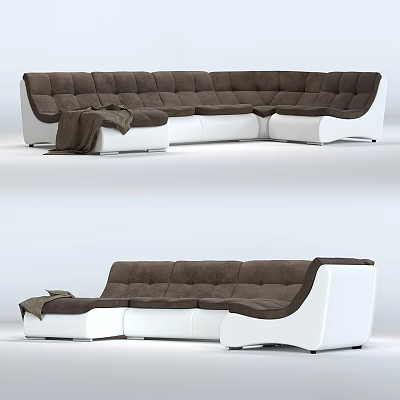 Modern Brown And White Sectional Sofa With Blanket In Stylish Living Room Design 3d model