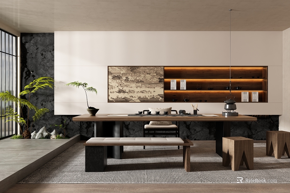 Modern Zen Tea Room with Wooden Table Ink Painting Lit Shelves and Green Plants 3d model 