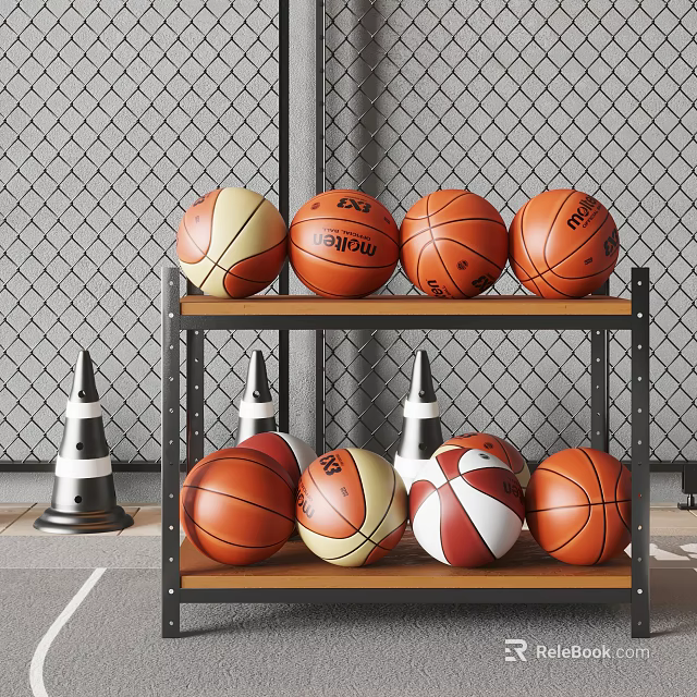 Organized Sports Equipment Collection With Basketballs And Cones On Metal Shelf 3d model 