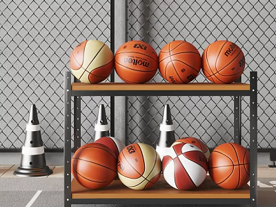 Organized Sports Equipment Collection With Basketballs And Cones On Metal Shelf 3d model