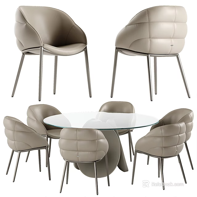 Modern Round Glass Top Dining Table Set With Light Gray Upholstered Chairs And Metal Legs 3d model 