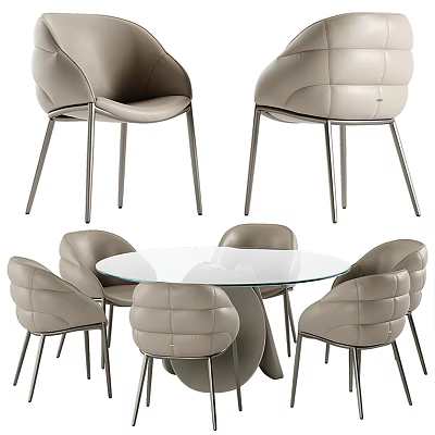 Modern Round Glass Top Dining Table Set With Light Gray Upholstered Chairs And Metal Legs 3d model
